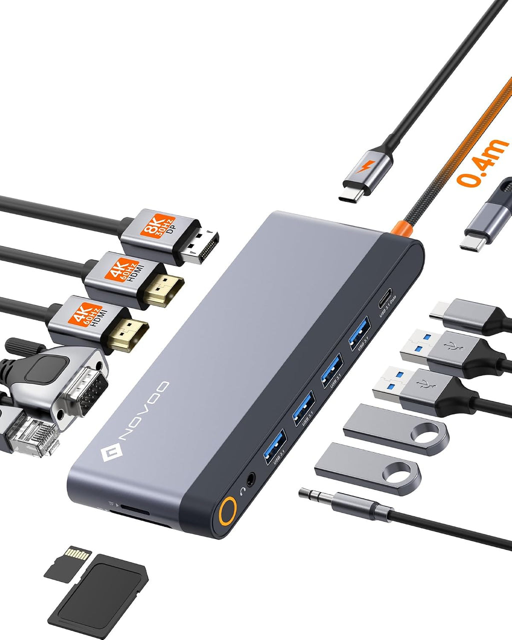 Estación de acoplamiento USB C, pantalla cuádruple, estación de acoplamiento para laptop 14 en 1, monitor doble, 8K @30Hz DP, dual 4K @60Hz HDMI, VGA, 5 puertos de datos USB, 100 W PD, Ethernet, SD/TF