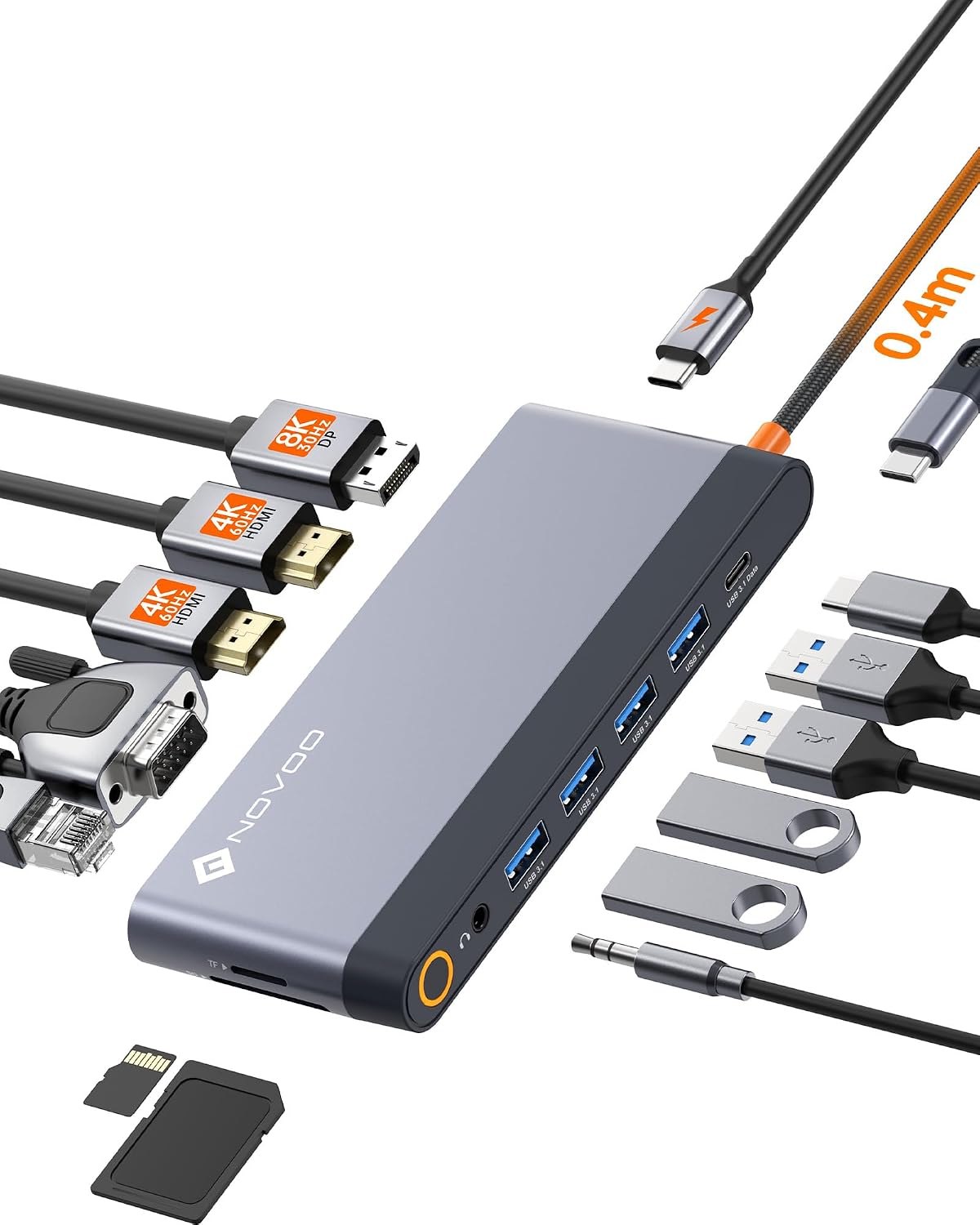 Estación de acoplamiento USB C, pantalla cuádruple, estación de acoplamiento para laptop 14 en 1, monitor doble, 8K @30Hz DP, dual 4K @60Hz HDMI, VGA, 5 puertos de datos USB, 100 W PD, Ethernet, SD/TF