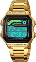 PASOY Reloj de pulsera digital multifunción para hombre, con hora doble, alarma, cronómetro, cuenta regresiva, retroiluminación, resistente al agua