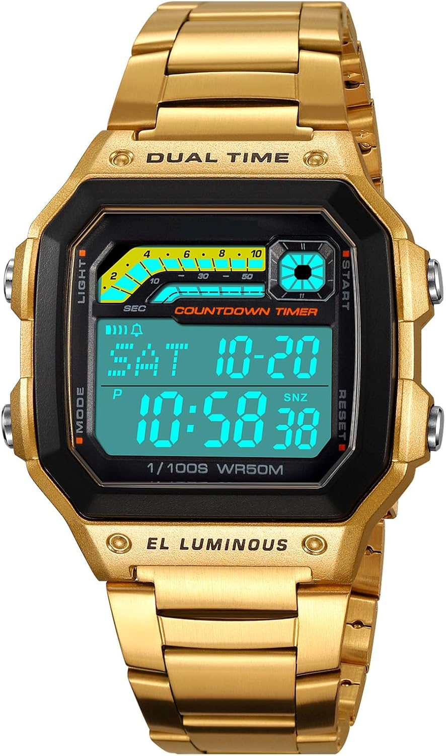 PASOY Reloj de pulsera digital multifunción para hombre, con hora doble, alarma, cronómetro, cuenta regresiva, retroiluminación, resistente al agua
