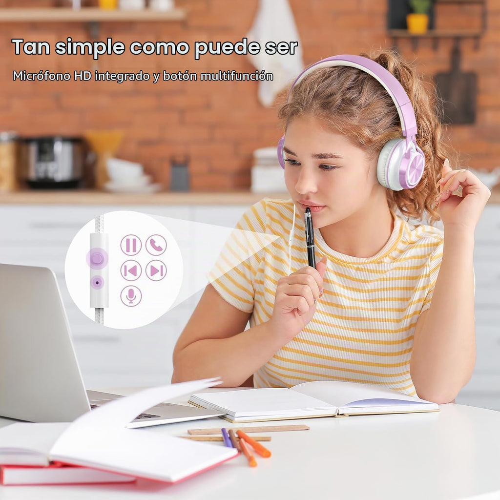 Ailihen Auriculares para Niños para Escuela con Micrófono, con cable, 3.5mm, Morado