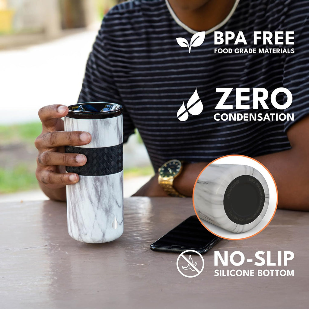 Elemental Vaso aislado artesanal, vaso de viaje para café de triple pared, reutilizable, de acero inoxidable con tapa de cerámica, taza de café térmica para bebidas calientes (6 horas) y frías (18