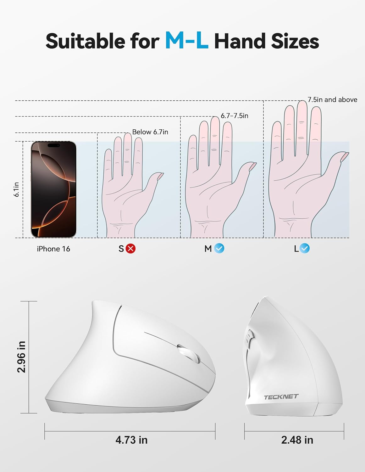 TECKNET Ratón Ergonómico, Ratones Verticales Recargables 2.4G+Bluet...