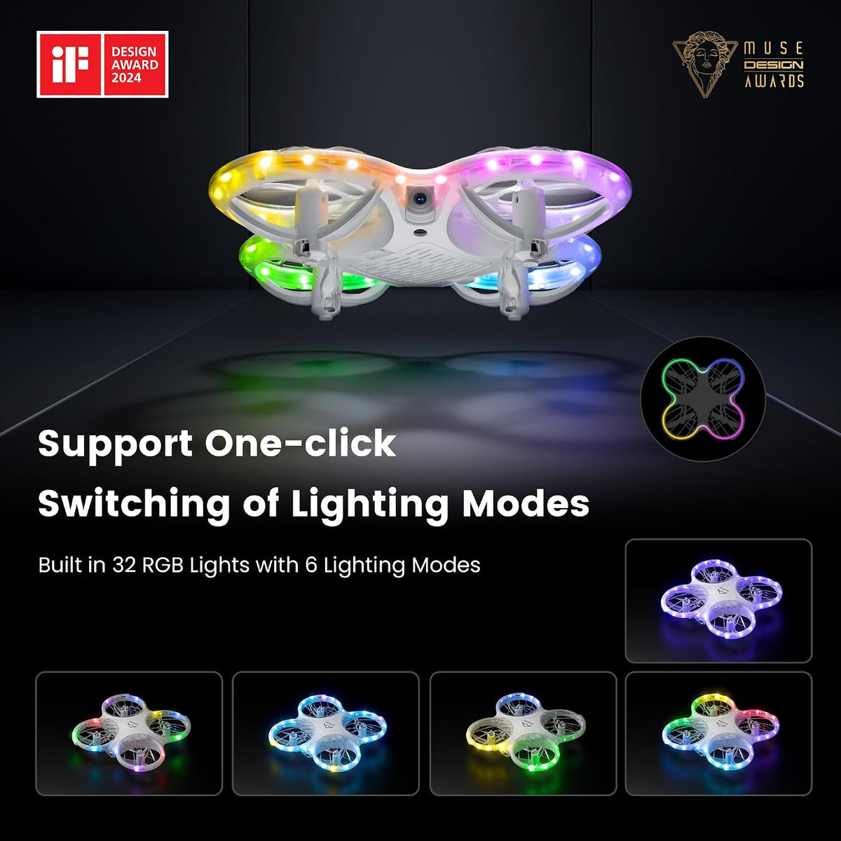 Ameta Morpho 1080P Drone con cámara para niños, luces RGB, 2 baterías