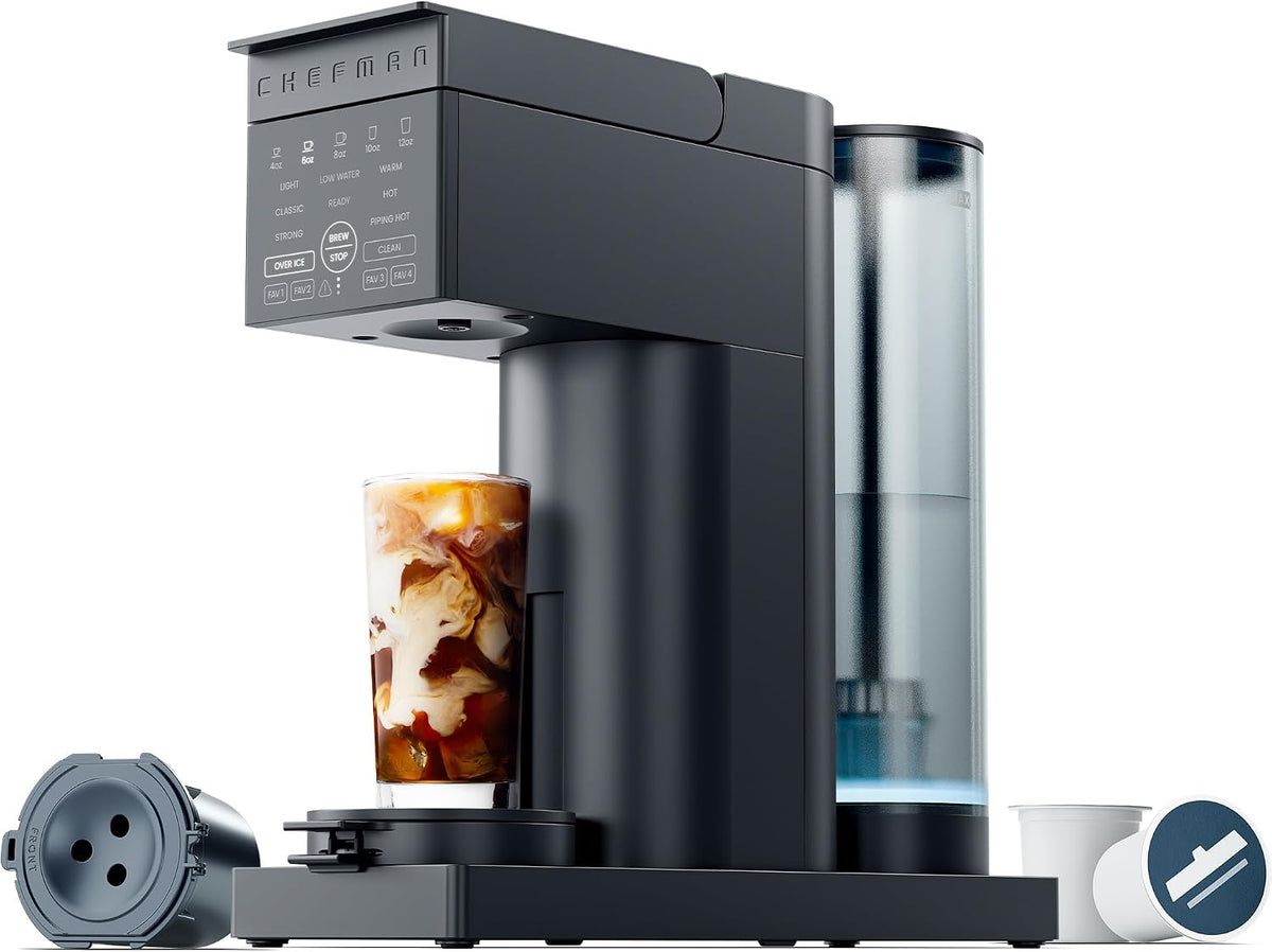 Chefman Caffeinator - Cafetera de una sola porción, Kcups y molidos, cafetera de goteo con ajustes de fuerza de preparación, función de café helado, depósito de agua extraíble de 45 onzas