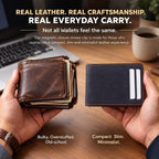 Cartera de cuero toscano para hombre, con cierre magnético, cierre magnético, con bloqueo RFID, minimalista, bolsillo frontal, cartera de cuero para hombres, Azul marino/Bourbon