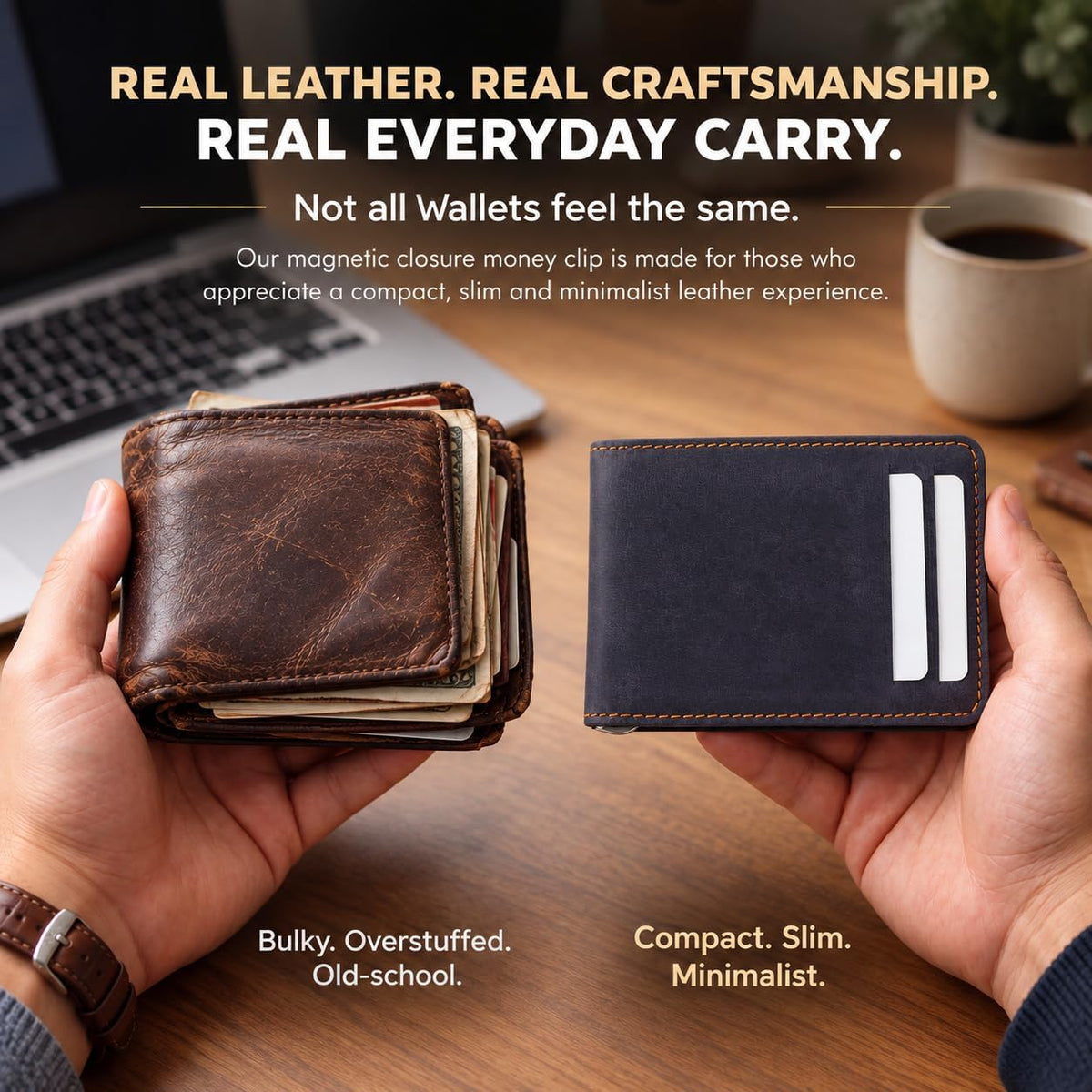 Cartera de cuero toscano para hombre, con cierre magnético, cierre magnético, con bloqueo RFID, minimalista, bolsillo frontal, cartera de cuero para hombres, Azul marino/Bourbon