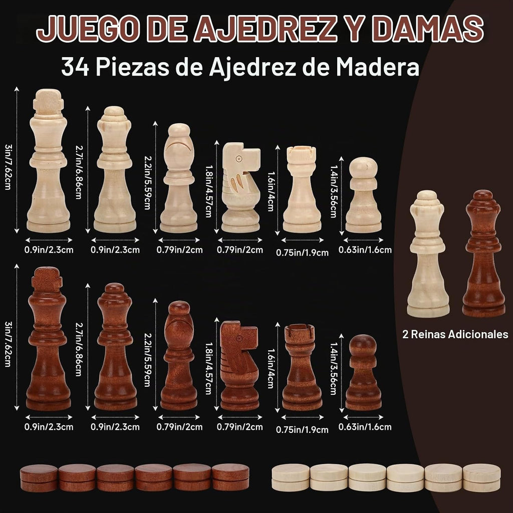 Juego de ajedrez de madera de 15", tablero de ajedrez y damas plegable magnético 2 en 1