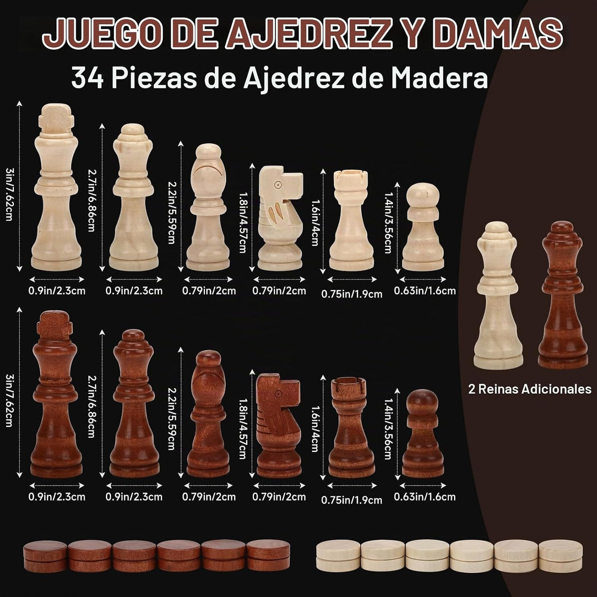 Juego de ajedrez de madera de 15", tablero de ajedrez y damas plegable magnético 2 en 1