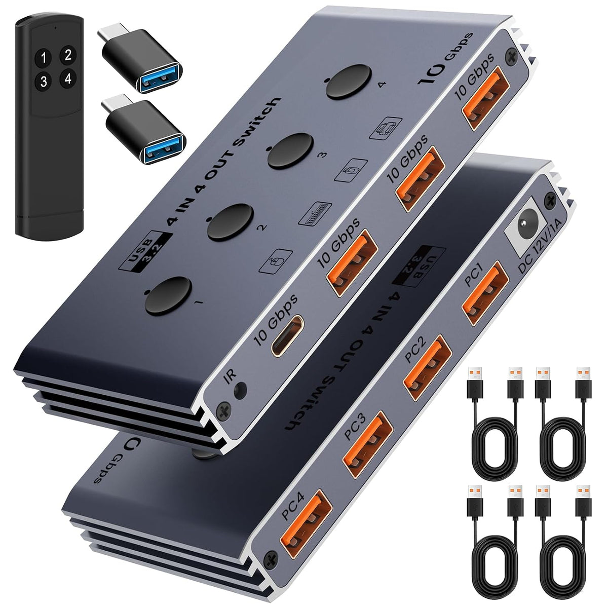 Selector de conmutador USB 3.2 4 computadoras comparten 4 dispositivos USB 10Gbps Interruptor de uso compartido USB de alta velocidad con 1 USB-C y 3 puertos USB-A, conmutador de teclado y mouse para