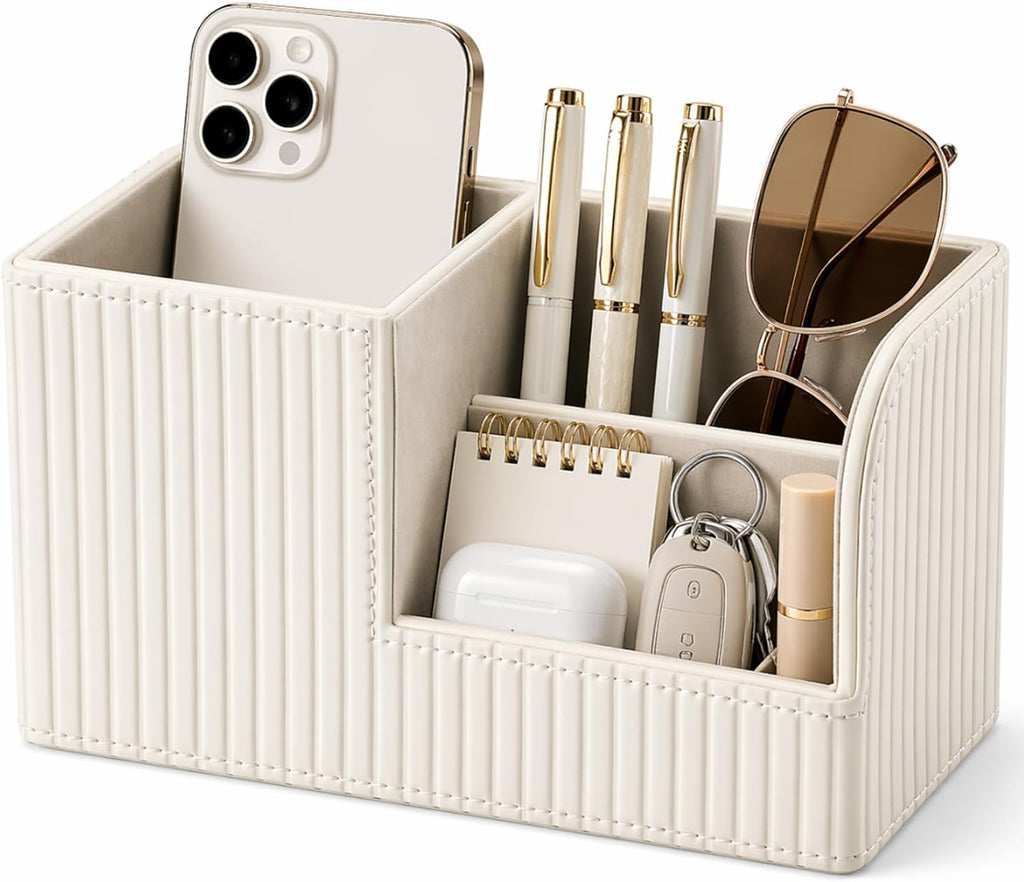Organizador de bolígrafos de escritorio, suministros de oficina, organizador de piel sintética, caja de almacenamiento multifunción para bolígrafos/lápices, teléfono celular, tarjetas de nombre de negocios, soporte de control remoto (blanco marfil)