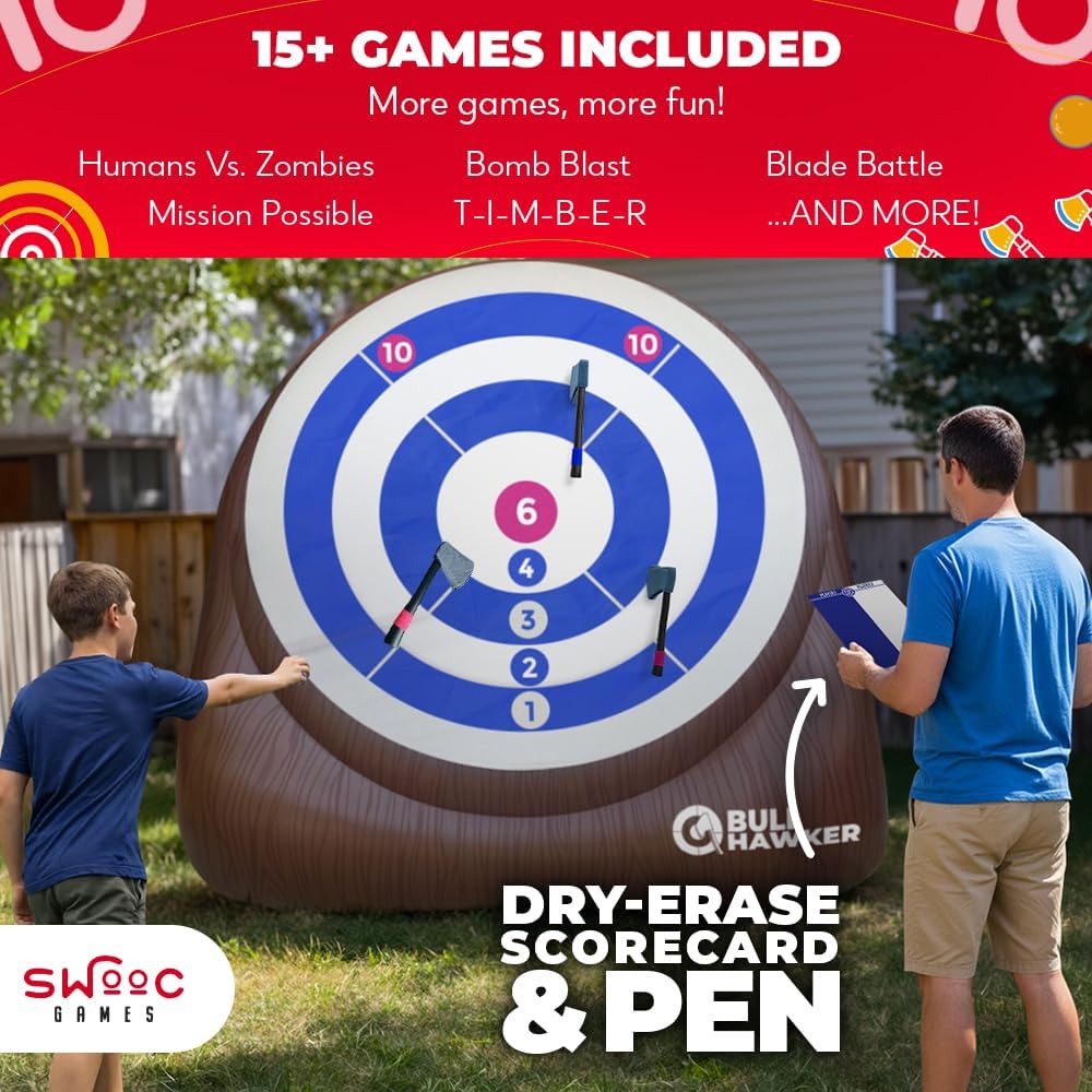 Swooc Games - Bull Hawker | Dardos de hacha gigante con más de 15 juegos | Juego de lanzamiento de hachas para patio trasero con bomba de aire | Juegos grandes al aire libre para adultos y familia |