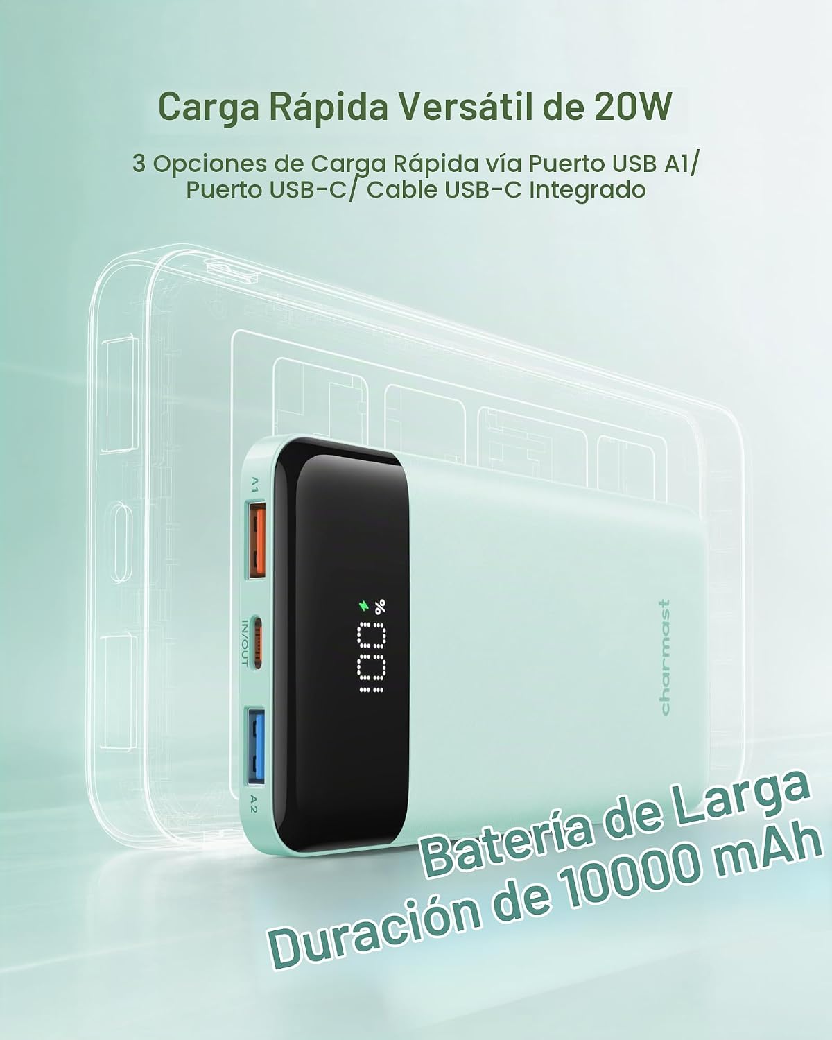 charmast Cargador portátil de carga rápida, 4 cables incorporados,...