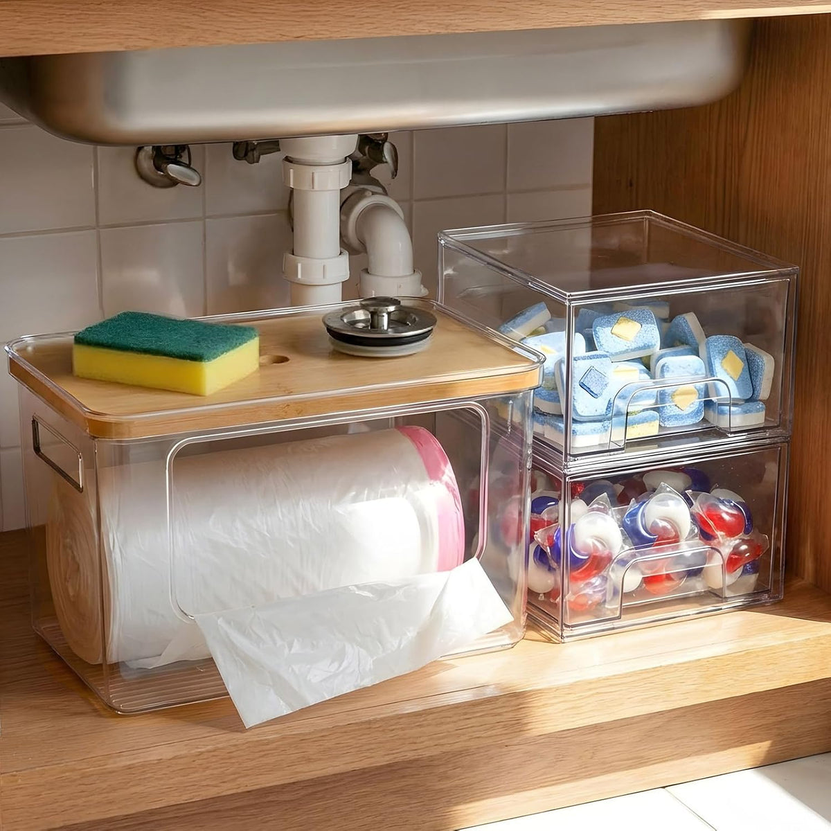 Organizadores para debajo del fregadero 3 en 1, almacenamiento de acrílico apilable para baño, dispensador de bolsas de basura y soporte para cápsulas de lavavajillas para cocina y organización