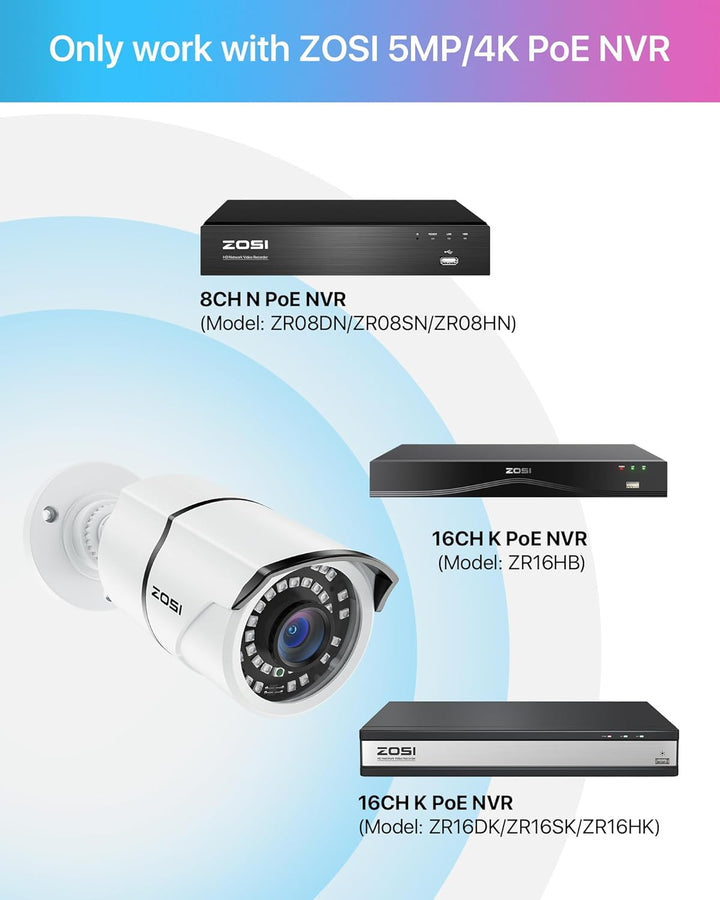 ZOSI 2PK - Cámara de seguridad PoE complementaria de 5 MP con cable...