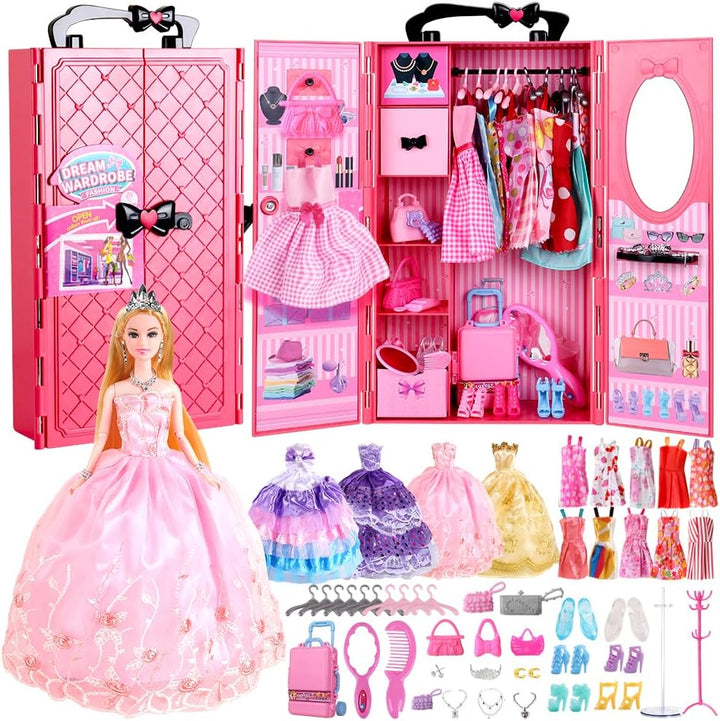 UCanaan Conjunto de muñeca y armario para niña con ropa y accesorio...