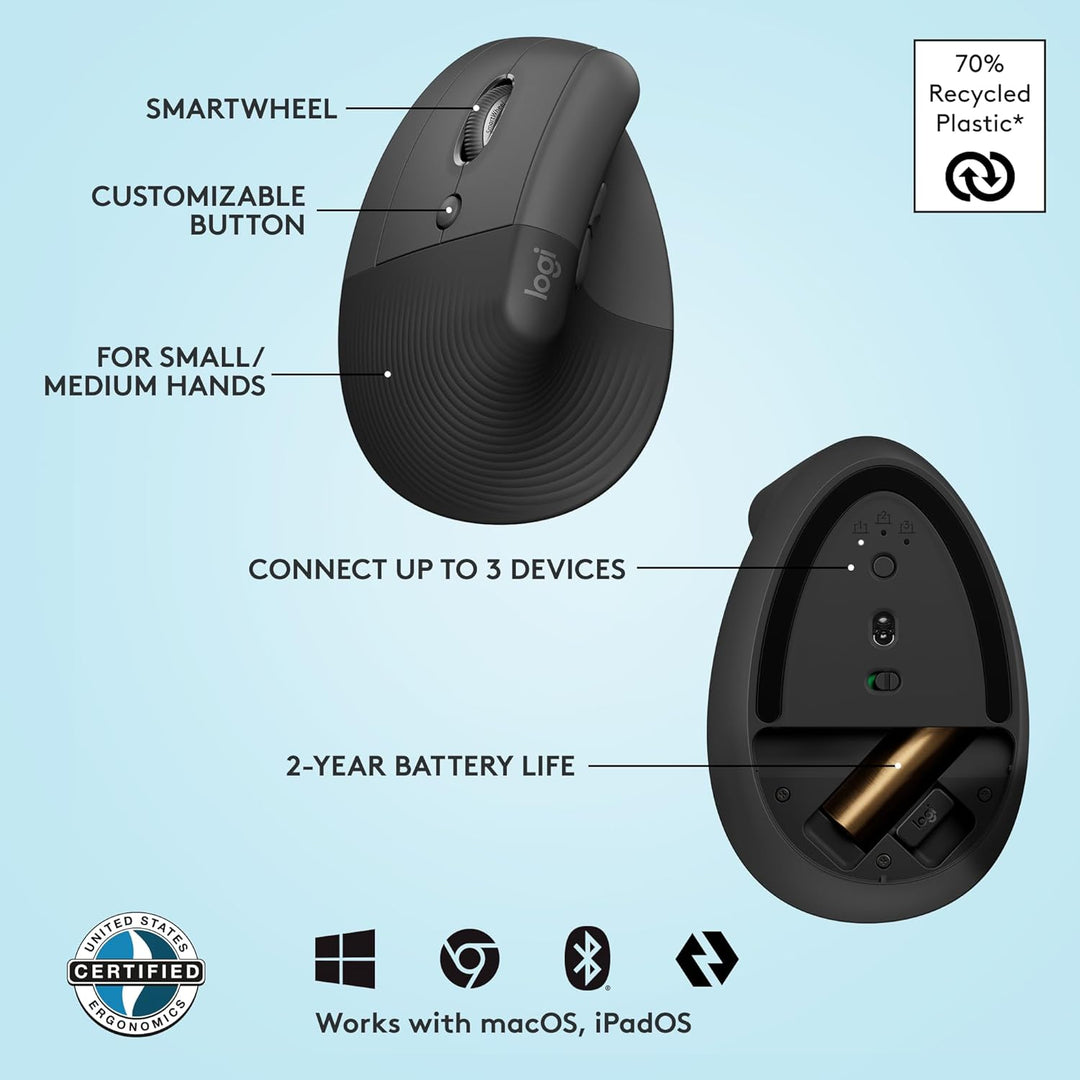 Logitech Lift - Mouse ergonómico vertical para mano izquierda, uso...