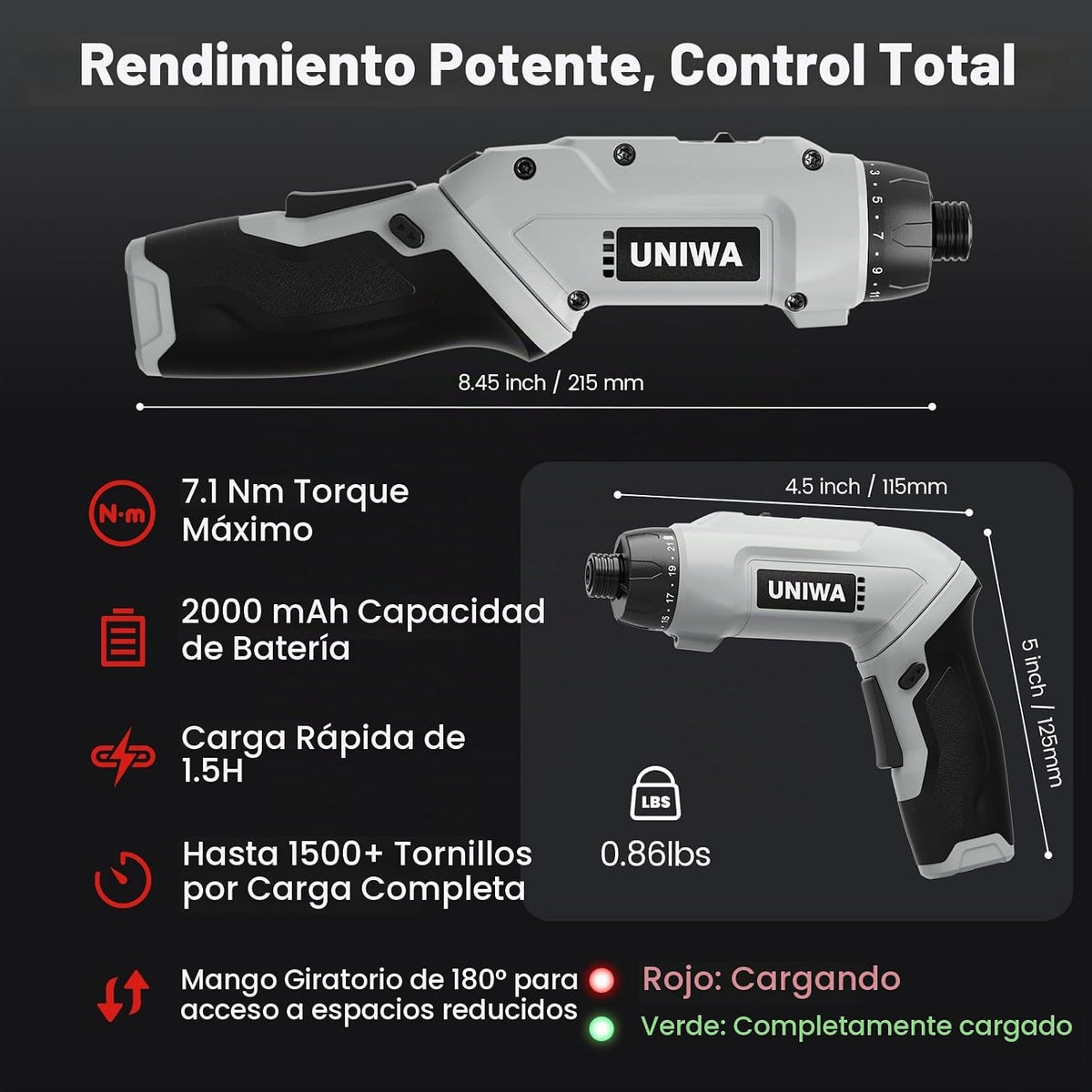 UNIWA - Destornillador eléctrico inalámbrico recargable, taladro eléctrico de 650 RPM, color gris