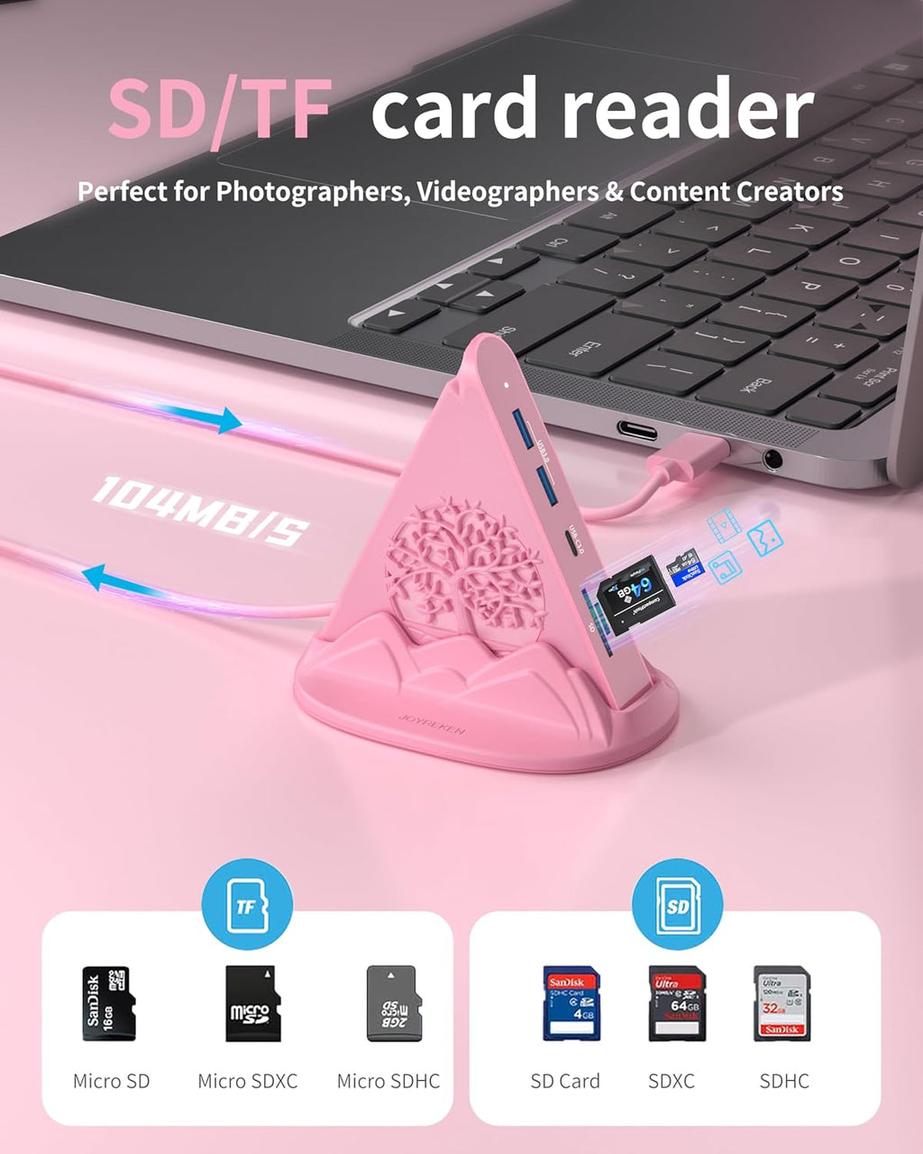 Hub USB C rosa, adaptador multipuerto USB C 8 en 1 con HDMI 4K a 60Hz, carga de energía de 100 W, tipo C de 5 Gbps, 3 USB-A 3.0, ranuras SD/TF e iluminación RGB, concentrador tipo C rosa para MacBook, iPhone17, iPad, XPS (árbol)