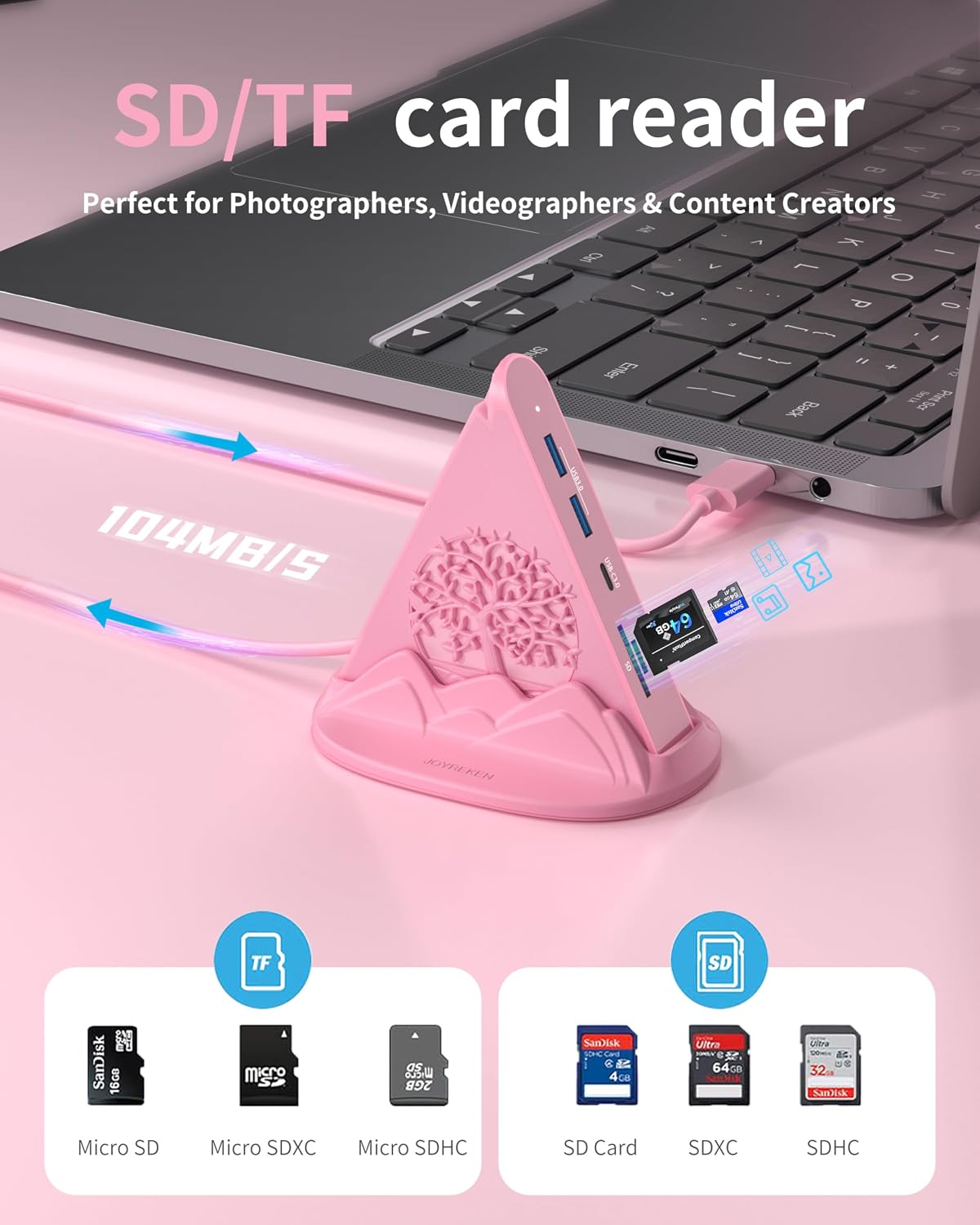 Hub USB C rosa, adaptador multipuerto USB C 8 en 1 con HDMI 4K a 60Hz, carga de energía de 100 W, tipo C de 5 Gbps, 3 USB-A 3.0, ranuras SD/TF e iluminación RGB, concentrador tipo C rosa para MacBook, iPhone17, iPad, XPS (árbol)