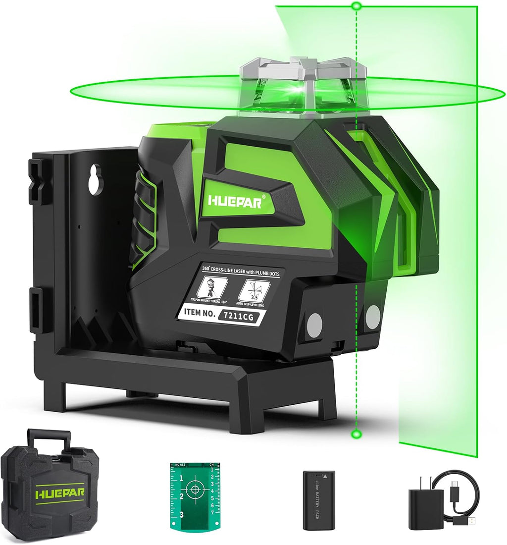 Huepar Láser de línea cruzada verde autonivelante de nivel láser con 2 puntos de plomada herramienta láser - Línea horizontal de 360° más láser de nivel vertical de 140° con puntos arriba y abajo - Soporte recargable y magnético 7211CG