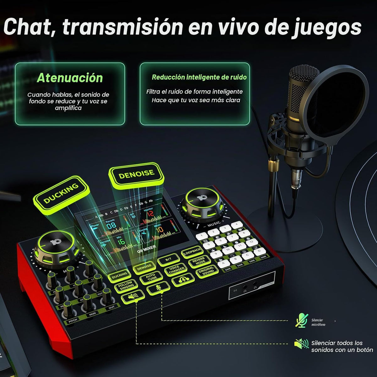 Paquete de micrófono de podcast con tarjeta de sonido en vivo y mezclador de audio, equipo de podcast paquete de tarjeta de sonido con panel de efectos de sonido con micrófono de condensador de 3.5mm