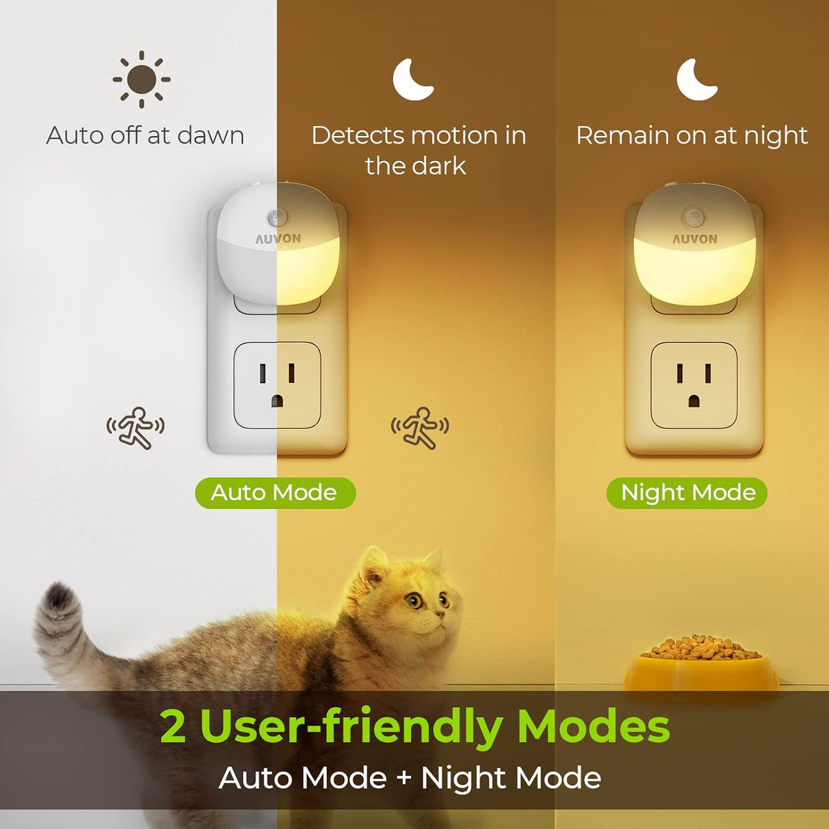 AUVON Luz nocturna enchufable, sensor de movimiento y sensor de atardecer a