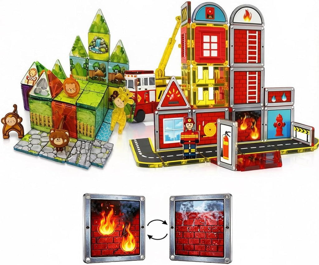 LATI Bloques magnéticos de animales y azulejos magnéticos de rescate de incendios de ZooWorld