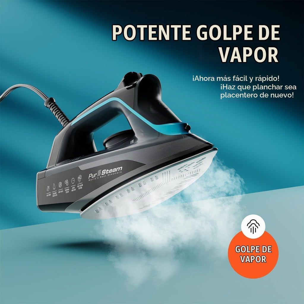 Pursteam Plancha de Vapor para Ropa 1700W con Suela Autolimpiante Antiadherente de Acero Inoxidable, Apagado Automático, Antigoteo