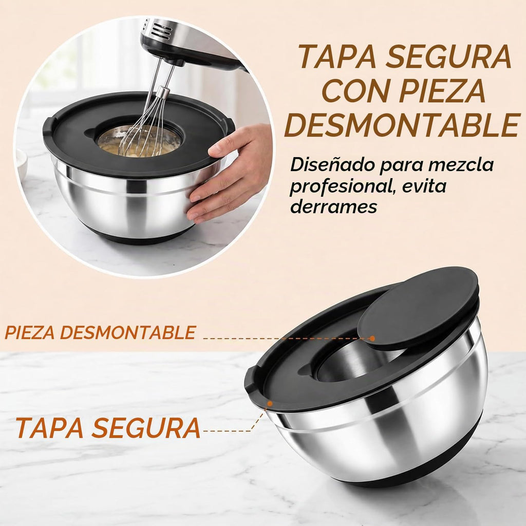 Juego de 21 tazones negros para mezclar con tapas, tamaño 4.5, 4, 3.5, 2.1, 1.5, 1.1 cuartos de galón para hornear, cuencos de acero inoxidable con base antideslizante y accesorios para