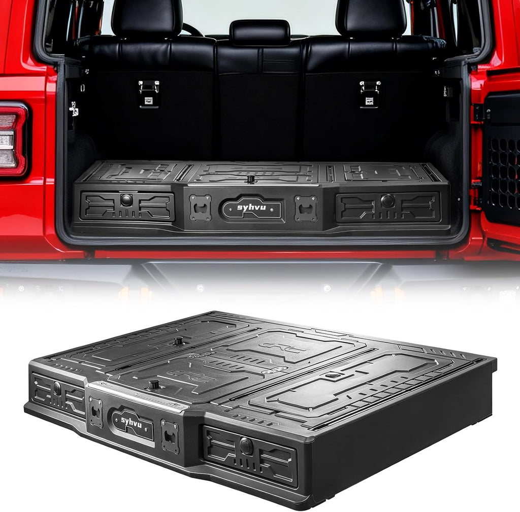 syhvu MagicBox Organizador de maletero de automóvil para Ford Bronco 2021-2025 de 4 puertas, cajón de almacenamiento de polietileno resistente con cerradura oculta, plataforma de dormir plegable para SUV y sistema de gestión de carga