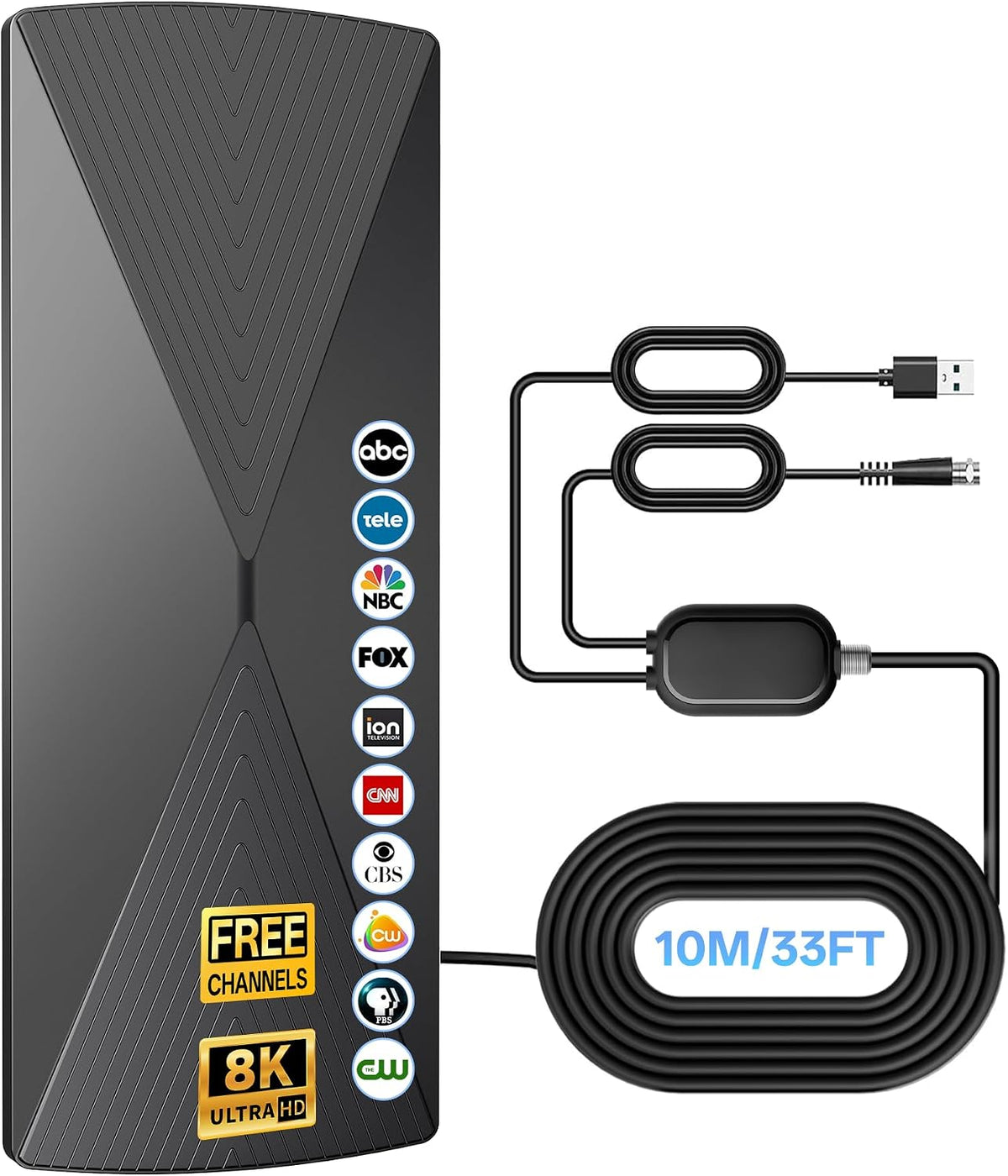 Antena de TV 2026 para interiores, cable de 33 pies 8K 4K 1080p canales locales, recepción de más de 5000 millas, portátil resistente a la intemperie