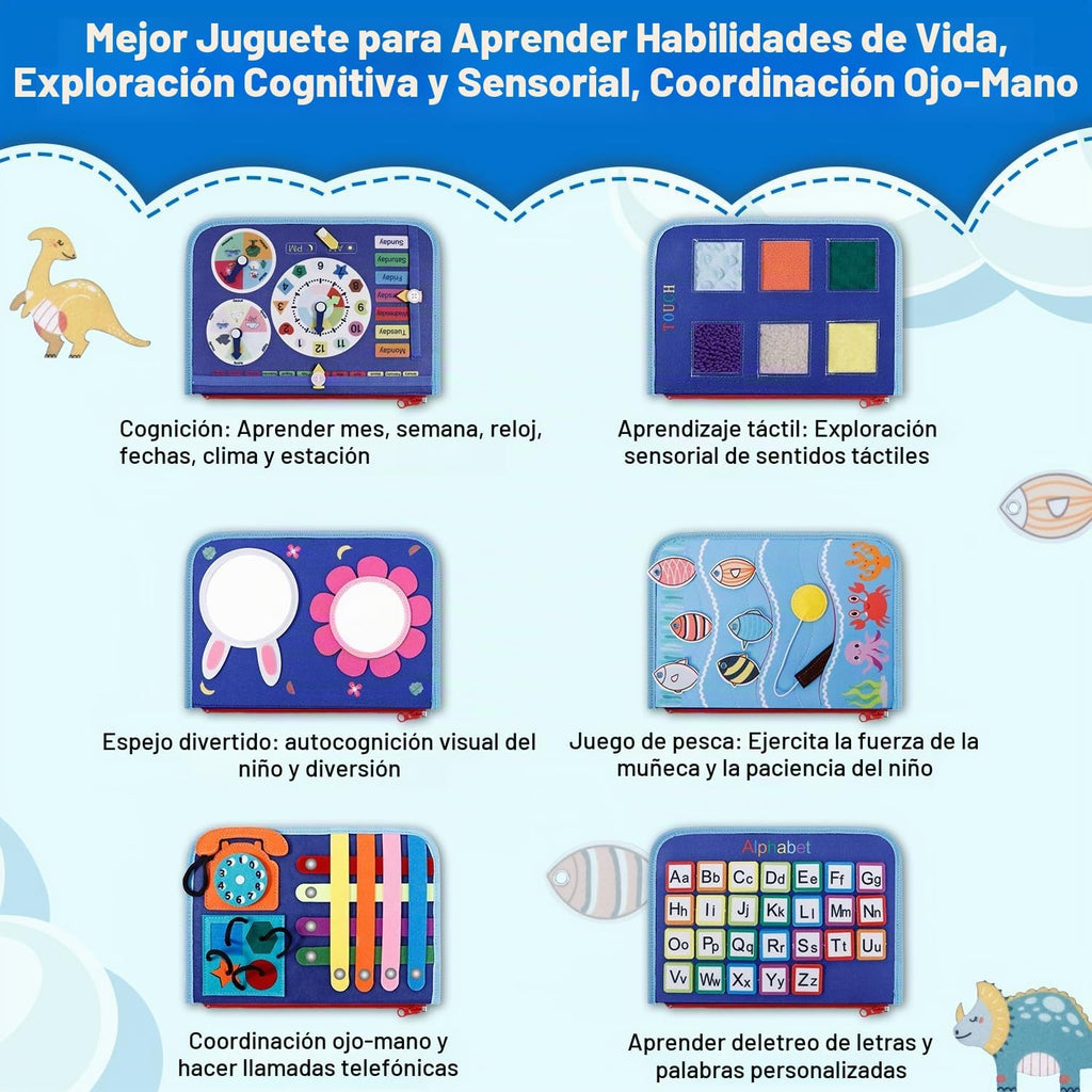 Juguete Montessori de tablero ocupado para niños y niñas, juguete sensorial, actividades educativas, juguete de viaje para automóvil de avión, libro ocupado para aprender habilidades motoras finas, azul