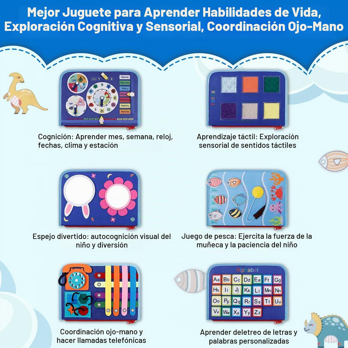 Juguete Montessori de tablero ocupado para niños y niñas, juguete sensorial, actividades educativas, juguete de viaje para automóvil de avión, libro ocupado para aprender habilidades motoras finas, azul