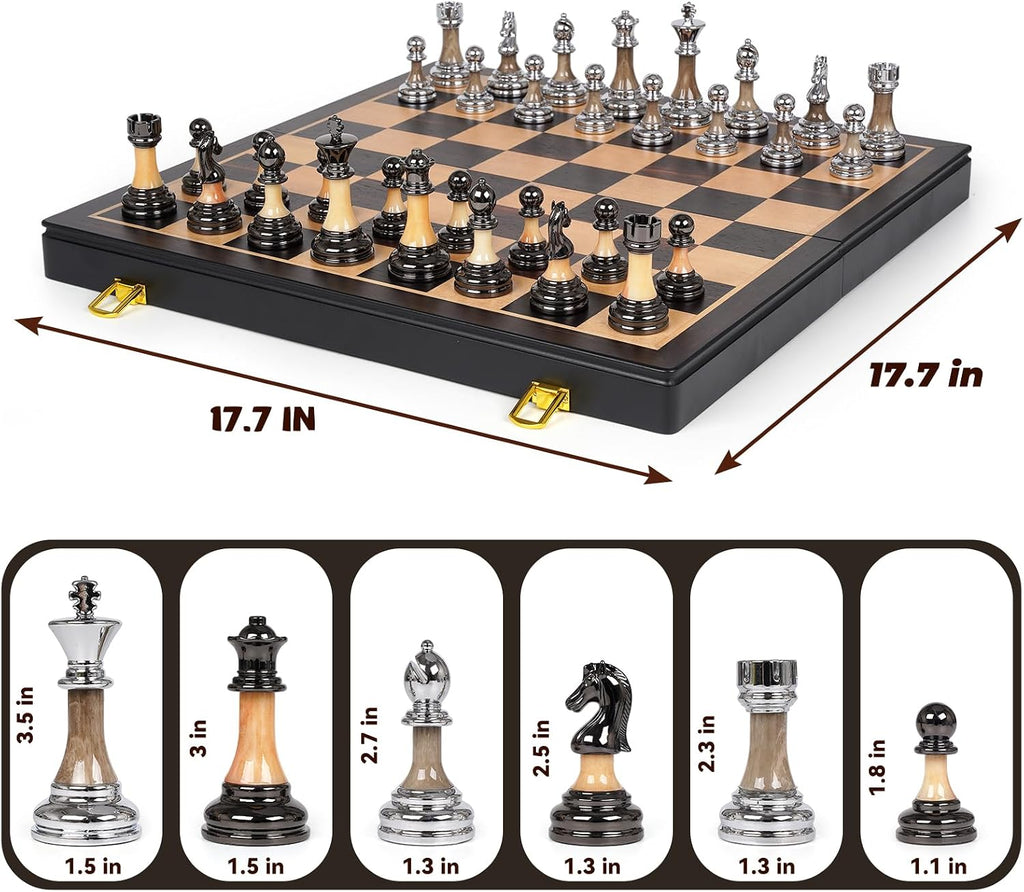 Juego de ajedrez de lujo grande de metal y acrílico con tablero de ajedrez de madera (17 pulgadas), piezas de metal ponderadas con tamaño King de 3.5 pulgadas, juego de ajedrez de torneo plegable para adultos y niños, juego de mesa familiar profesional