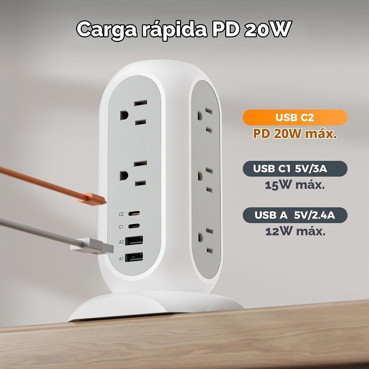 Regleta en torre TESSAN con enchufe plano y protección contra sobretensiones de 1050J, 6 ft, gris