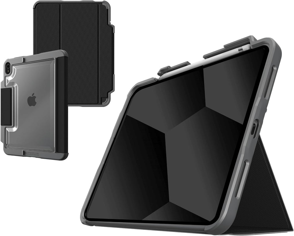 STM Dux Plus para iPad/10ª generación: ultra protectora, duradera, ligera con parte trasera transparente, soporte para lápiz Apple, cubierta de encendido/apagado de ahorro de batería, color negro