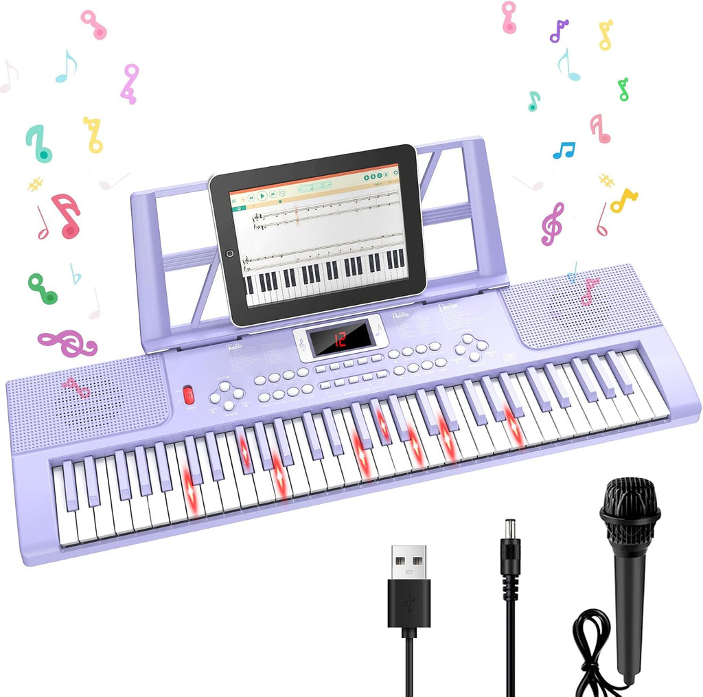 Teclado de piano para niños de 61 teclas con teclas iluminadas, modo de enseñanza, altavoz dual