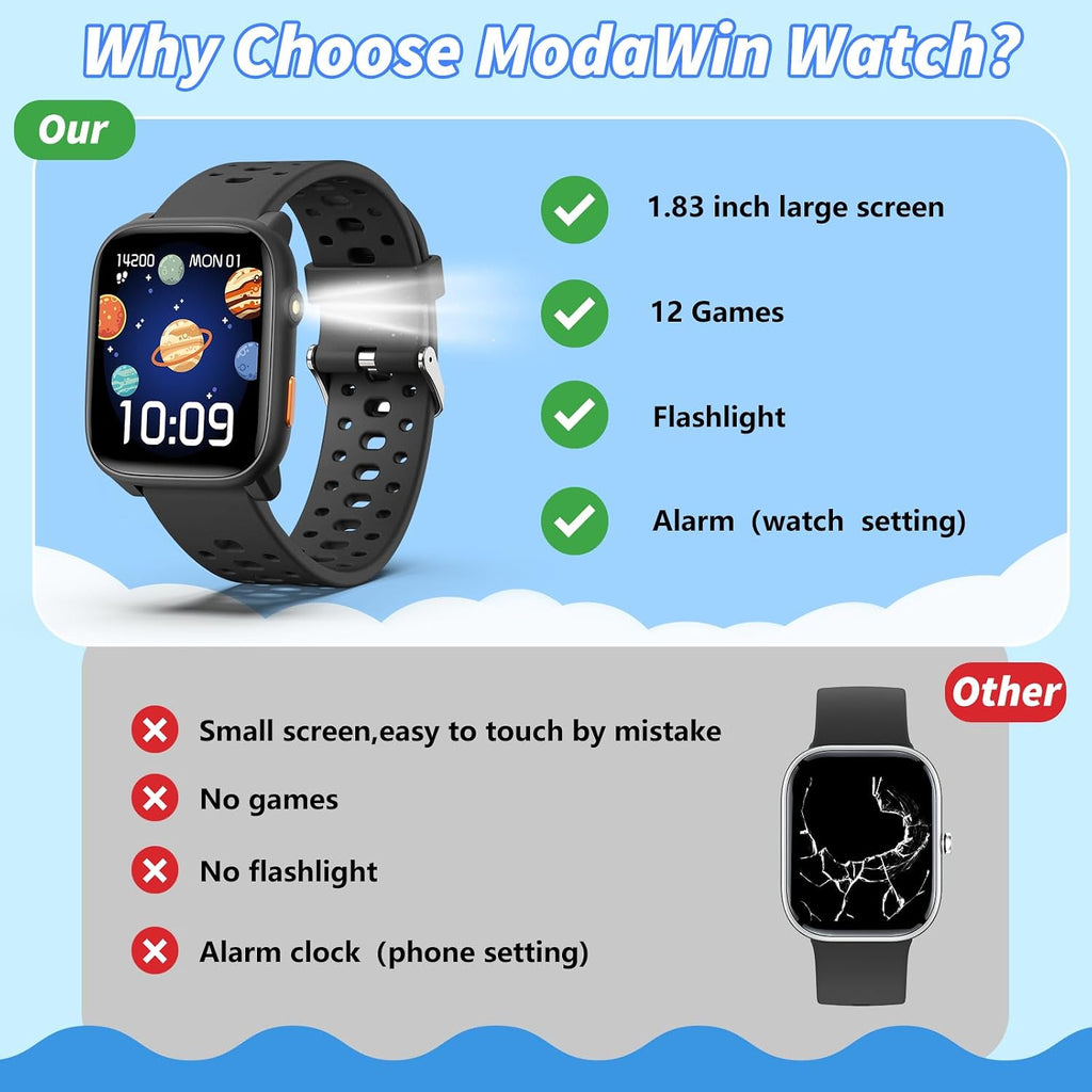 Reloj inteligente, reloj de 1.83 pulgadas para niños, frecuencia cardíaca, monitor de sueño, podómetro, reloj despertador, linterna