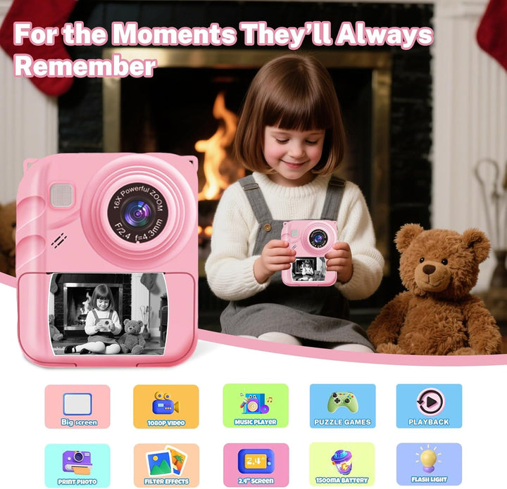 Cámara de impresión instantánea para niños, cámara de video 1080P c...