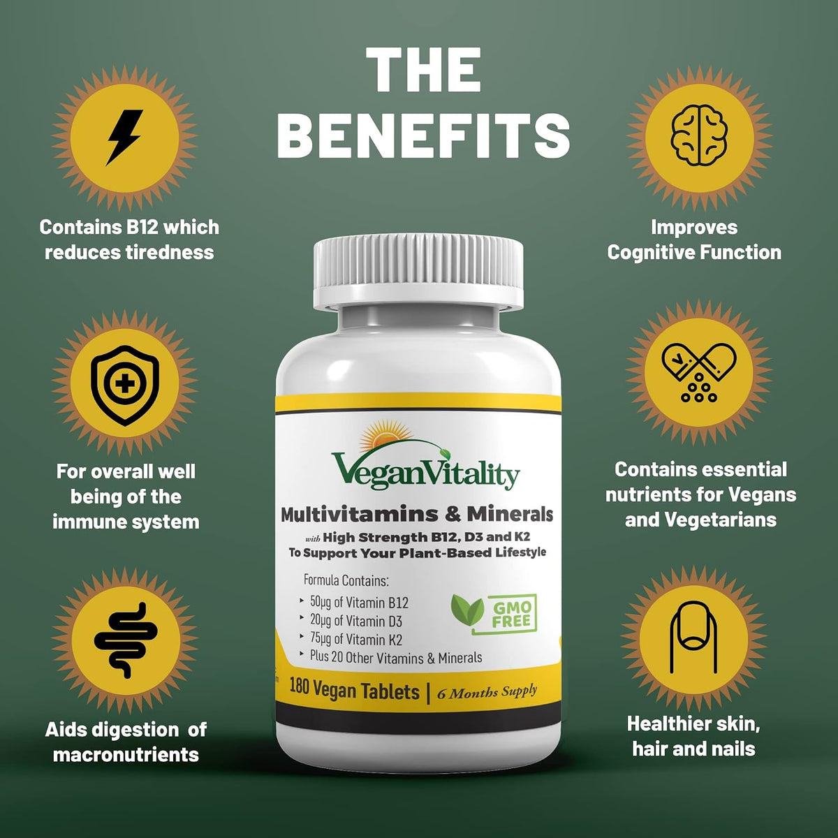 Vegan Vitality Paquete de suplementos de refuerzo - Complejo de multivitaminas veganas