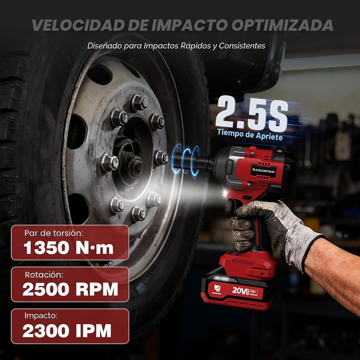 ARCCAPTAIN Atornillador/Impacto sin Cable, 1500 N.m (1106 Ft-lb) 1/2" Atornilladora de Impacto