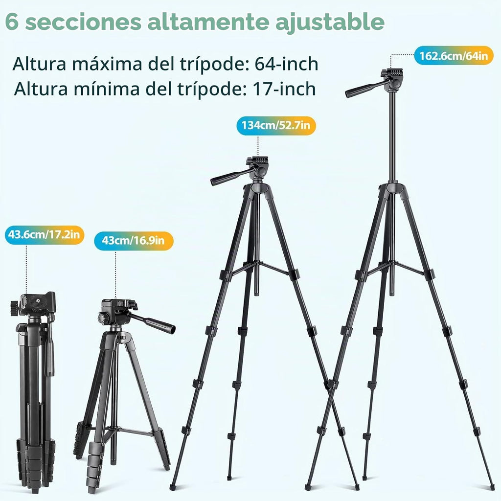 Aureday - Soporte para trípode de teléfono, trípode extensible de 64" para celular y cámara con control remoto inalámbrico y soporte para teléfono, trípode de aluminio para iPad para grabación de