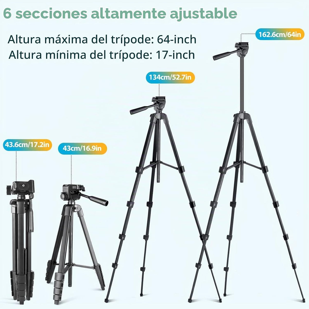 Aureday - Soporte para trípode de teléfono, trípode extensible de 64" para celular y cámara con control remoto inalámbrico y soporte para teléfono, trípode de aluminio para iPad para grabación de