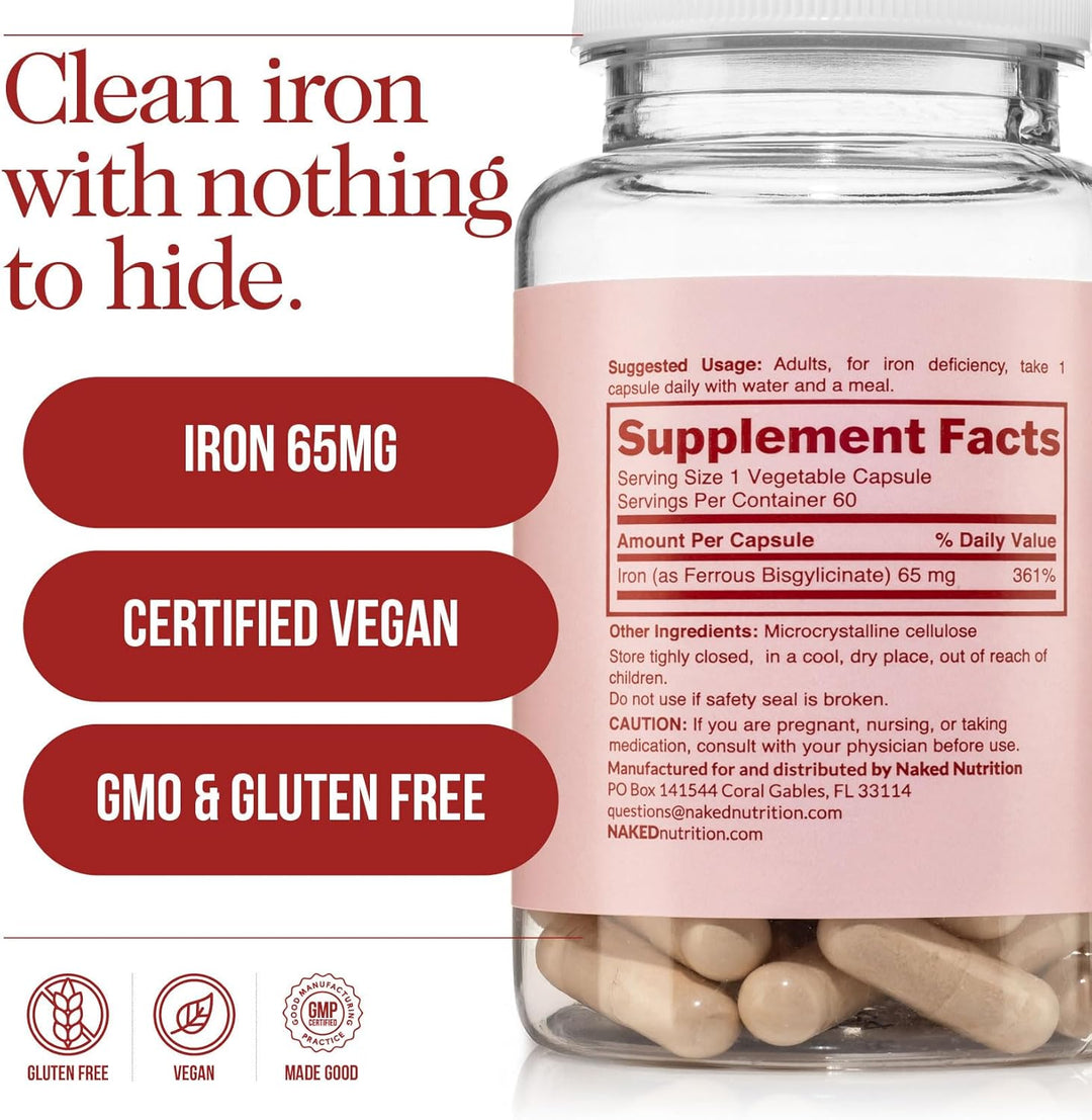 Naked Iron 65mg, 325mg Ferro Bisglicinato - Suplemento de hierro de...