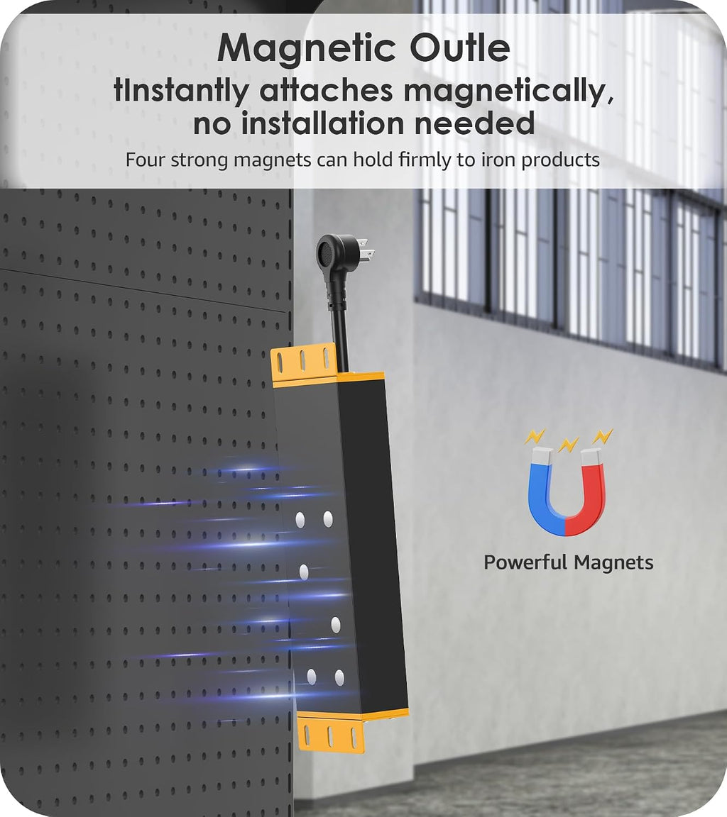 CCCEI Protector de sobretensiones magnético de alta resistencia, cable de extensión de enchufe plano con múltiples tomas. Extensor eléctrico de montaje en pared para garaje, industrial, tienda de 15