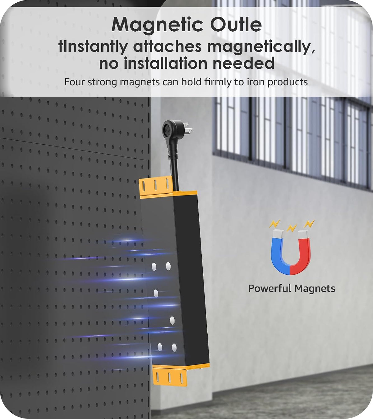 CCCEI Protector de sobretensiones magnético de alta resistencia, cable de extensión de enchufe plano con múltiples tomas. Extensor eléctrico de montaje en pared para garaje, industrial, tienda de 15