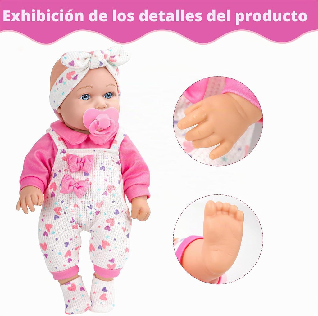 XFEYUE Muñeca de bebé de 12 pulgadas con lazo rosa conjunto de ropa para