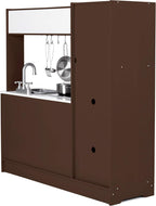 Amazon Basics - Juego de cocina vertical de madera para niños con estufa, horno, fregadero, refrigerador y accesorios, para niños pequeños, preescolares, niños de 3+ años, color espresso/gris