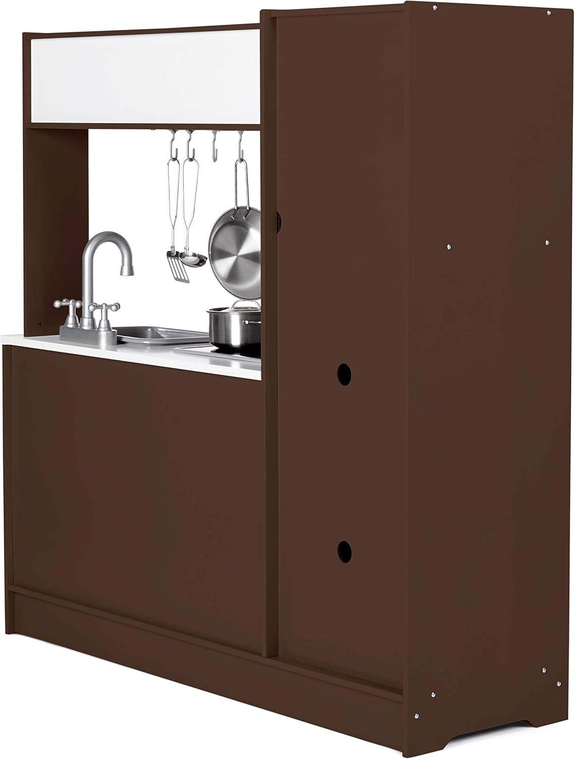 Amazon Basics - Juego de cocina vertical de madera para niños con estufa, horno, fregadero, refrigerador y accesorios, para niños pequeños, preescolares, niños de 3+ años, color espresso/gris